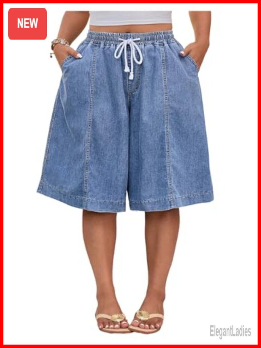 Women's Plus High Rise Wide Leg Baggy Denim Shorts Knee Length Slash Pockets